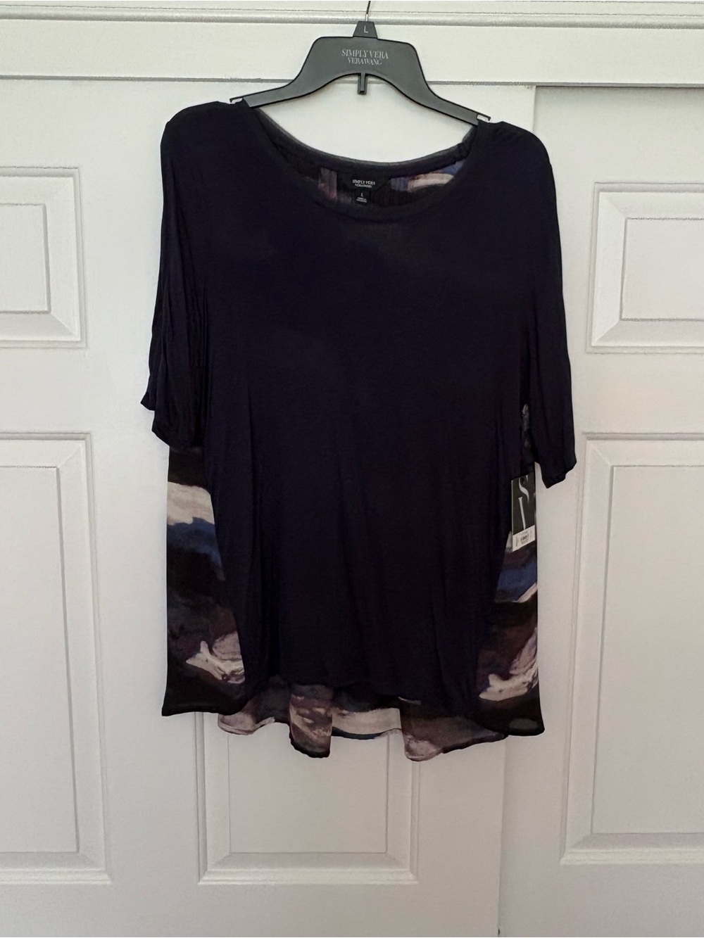 Simply Vera Vera Wang Navy Short-Sleeve Tunic with Printed back   NWTS